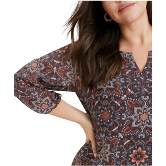 Ryllace Floral Silk Tunic Dress Split V Neck 3/4 Sleeve Red Tan Size 16 - Picture 2 of 9